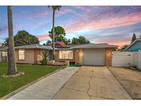 Charming single-story home with a well-maintained lawn, two palm trees, and an American flag displayed out front at 7631 Ironbark Dr, Port Richey, FL 34668
