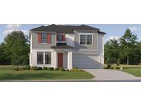 Charming two-story home with neutral siding, a red door, a two-car garage and nicely landscaped yard at 1554 Serenity Outlook Ct, Lutz, FL 33548