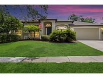 Charming home with a well-manicured lawn, lush landscaping, and inviting front entrance at sunset at 8836 Alafia Cove Dr, Riverview, FL 33569