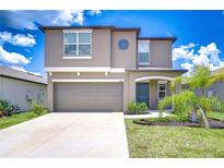 Charming two-story home with a two-car garage, tidy landscaping, and a welcoming blue front door at 10360 Blue Plume Ct, Riverview, FL 33578