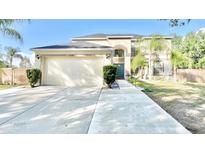 Two-story home features a well-manicured lawn, driveway, and a two car garage at 10924 Summerton Dr, Riverview, FL 33579