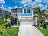 Charming two-story home with a well-manicured lawn and beautiful landscaping featuring vibrant palm trees at 12826 French Market Dr, Riverview, FL 33579