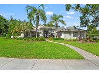 Beautiful single-story home with lush lawn, mature palm trees and a brick pathway leading to the front entrance at 17311 Carriage Way, Odessa, FL 33556