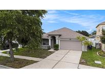 Charming single-story home featuring a well-maintained lawn, mature landscaping, and attached two-car garage at 8104 Abbey Mist Cv, Tampa, FL 33619
