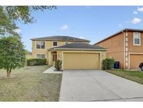 Two-story home featuring a two-car garage, well-maintained lawn, and manicured shrubbery at 10437 River Bream Dr, Riverview, FL 33569