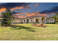 Sprawling single-story home featuring a manicured front lawn and elegant architectural details with pillars at 1109 Colson Rd, Plant City, FL 33567