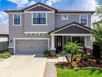 Two-story home featuring a well-manicured lawn, a two-car garage, and a welcoming front porch at 11219 Paddock Manor Ave, Riverview, FL 33569