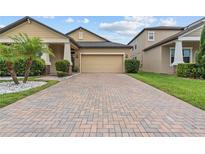 Charming home with a brick driveway, a two-car garage, and a well-manicured lawn with palm trees at 11308 Chilly Water Ct, Riverview, FL 33569