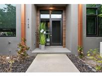 Modern home's front entrance showcases a sleek design with a glass door and contemporary landscaping at 4148 Gauge Line Loop, Tampa, FL 33624