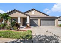 Charming single-story home featuring a well-manicured lawn, a two-car garage, and a welcoming front entrance at 10211 Cakebread Ln, Riverview, FL 33578