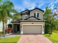 Beautiful two-story home featuring a brick driveway, tropical landscaping, and a two-car garage at 19636 Long Lake Ranch Blvd, Lutz, FL 33558