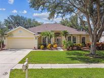 Charming single-story home with a well-manicured lawn, lush landscaping, and a two-car garage at 10203 Shadow Branch Dr, Tampa, FL 33647