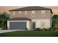 Charming two-story home with a gray garage door, neutral stucco, horizontal siding, and a well-manicured lawn at 12824 Wanderlust Pl, Parrish, FL 34219