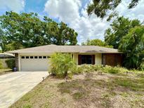 Charming home featuring a well-manicured front yard and a two-car garage with a paved driveway at 1548 Foxboro Dr, Palm Harbor, FL 34683