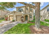Charming two-story home features a well-manicured lawn, beautiful landscaping, and an attached two-car garage at 3110 Royal Tuscan Ln, Valrico, FL 33594