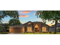 Charming single Gathering home with manicured lawn, arched entry, and warm exterior lighting at 9206 Brindlewood Dr, Odessa, FL 33556