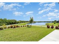 A well-manicured lawn with a lovely lake view and beautiful landscaping at 9814 Quadrangle Ct, Sun City Center, FL 33573