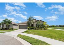 Charming single-story home featuring a well-manicured lawn, and an attached two-car garage at 9814 Quadrangle Ct, Sun City Center, FL 33573