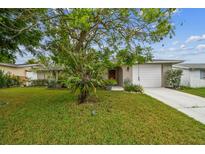 Charming home with a well-manicured lawn and mature tree, creating a welcoming curb appeal at 5744 Thrush Dr, New Port Richey, FL 34652