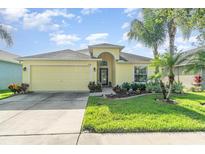 Charming yellow home featuring a well-manicured lawn and beautiful tropical landscaping with mature palm trees at 13194 Royal Pines Ave, Riverview, FL 33579