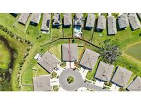 An aerial view of a home in a cul-de-sac showing the surrounding homes and landscaping at 31105 Mango Fade Way, San Antonio, FL 33576