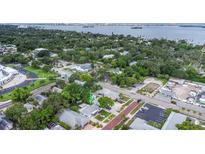 Stunning aerial view of property and neighborhood with lush greenery and waterfront views at 411 Locklie St, Dunedin, FL 34698