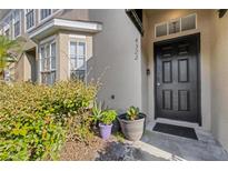 Inviting home entrance with a black front door, potted plants, and manicured landscaping at 4322 Fincastle Ct, Tampa, FL 33624
