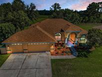Aerial view of a single-story home with a three-car garage, lush landscaping, and a well-manicured lawn at 18168 Clearview Dr, Brooksville, FL 34604