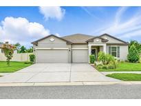 Charming single-story home with a three-car garage and well-maintained landscaping, under a blue sky at 18527 Cortes Creek Blvd, Spring Hill, FL 34610