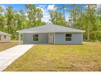 Charming single-story home with light blue siding, well-maintained lawn, and a concrete driveway at 19275 Wildwood Dr, Brooksville, FL 34601