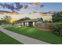 Charming single-story home with a lush green lawn, a welcoming walkway, and a delightful sunset backdrop at 3026 Cedaridge Dr, Tampa, FL 33618
