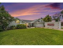 Inviting single-story home with lush lawn, landscape, neutral paint, and ample space for outdoor entertaining at 1763 Pebble Hill Ct, Palm Harbor, FL 34683