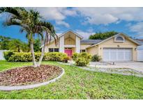 Charming home featuring a bright pink door and lush landscaping with a palm tree and well-manicured lawn at 1592 Cumberland E Ct, Palm Harbor, FL 34683