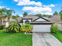 Inviting single-story home with a two-car garage and tropical landscaping at 18419 Merseyside Loop, Land O Lakes, FL 34638