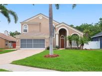 Charming two-story home with a well-manicured lawn, beautiful landscaping, and attached two car garage at 277 Wood Dove Avenue, Tarpon Springs, FL 34689