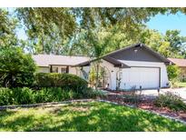Charming home with a well-manicured lawn, a two car garage, and wrought iron gated courtyard at 23924 Forest Pl, Land O Lakes, FL 34639