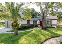 Landscaped front yard with palm tree and walkway leading to a charming one-story home featuring a bright red front door at 399 Walnut Ct, Palm Harbor, FL 34683