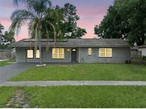 Charming single-story home with a well-maintained lawn and a gray brick exterior at 4906 Presidential St, Seffner, FL 33584