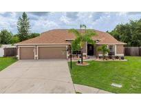 Charming single-story home featuring a well-manicured lawn and three-car garage at 9702 Mary Robin Dr, Riverview, FL 33569