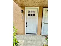 Inviting front entrance with a white door and classic black hardware, creating a welcoming first impression at 1884 Clearbrooke Dr, Clearwater, FL 33760