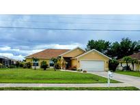Charming one-story home featuring lush green lawn, mature landscaping, and attached two-car garage at 1185 Rio De Janeiro Ave, Punta Gorda, FL 33983