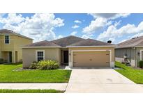 Charming single-story home with a well-maintained lawn and attached two-car garage in a sunny neighborhood at 14524 Dunrobin Dr, Wimauma, FL 33598