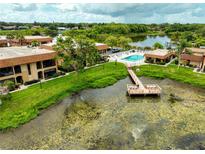 Beautiful lakefront condo community featuring a pool, pier, and lush landscaping at 10196 Seminole Island Dr, Largo, FL 33773