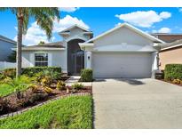 Charming single-story home with lush landscaping and a two-car garage in a well-maintained community at 11309 Langworth Hill Ln, Riverview, FL 33579