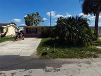 A single-story home with a palm tree in the front yard under a bright blue sunny sky at 13710 Frances Ave, Hudson, FL 34667