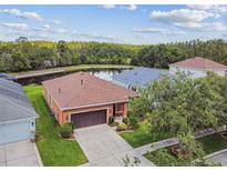 Aerial view of charming single Gathering home with water view, landscaping, and an attached two car garage at 20244 Merry Oak Ave, Tampa, FL 33647