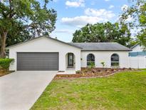 Charming single-story home with a well-manicured lawn, gray garage door, and beautiful landscaping at 6204 Walsh Ln, Tampa, FL 33625
