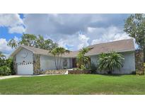 Charming single-story home featuring a well-manicured lawn, palm trees, and a two-car garage at 2210 Bayou Dr, Holiday, FL 34691
