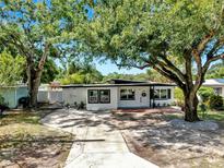 Charming single-story home with mature trees, black trim windows and a well-manicured front yard at 4112 W Lawn Ave, Tampa, FL 33611