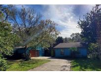 Charming single-story home with a vibrant blue exterior, mature trees, and a lush green lawn at 5017 E 127Th Ave, Temple Terrace, FL 33617